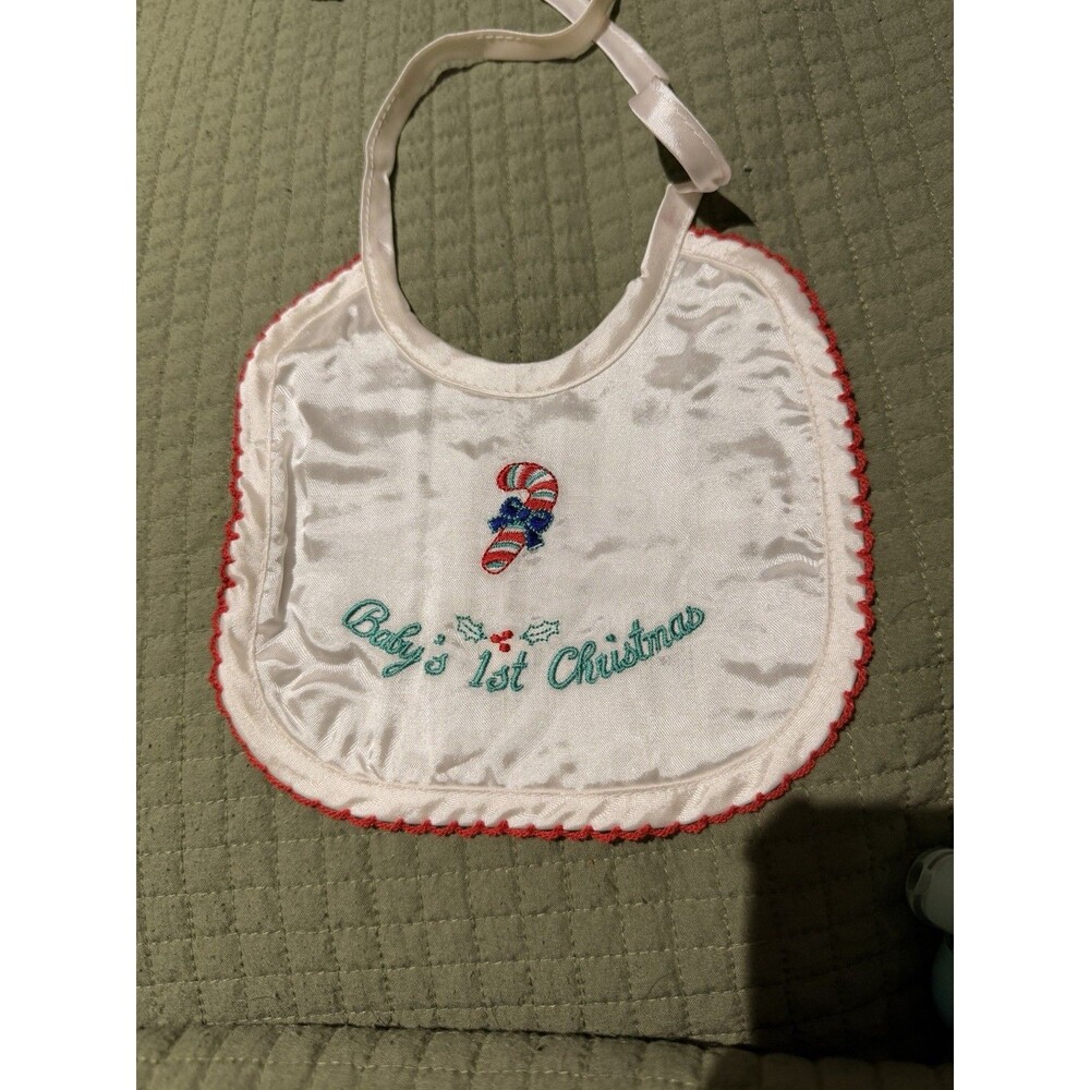Vintage Gerber Satin Baby’s 1st Christmas Bib Candy Cane Holly Berry 1995